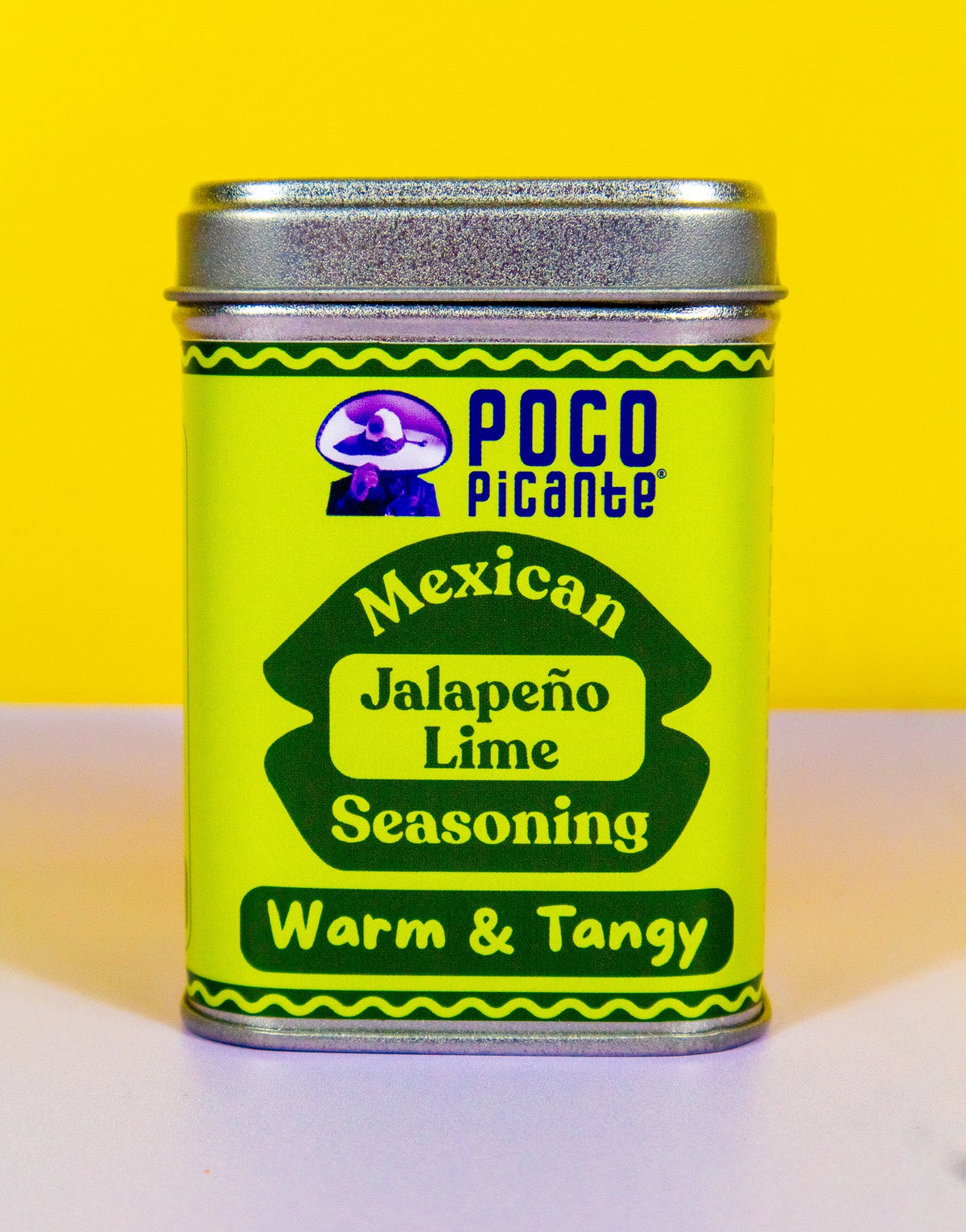 Can of Poco Picante Mexican Jalapeño Lime Seasoning on a yellow and white background