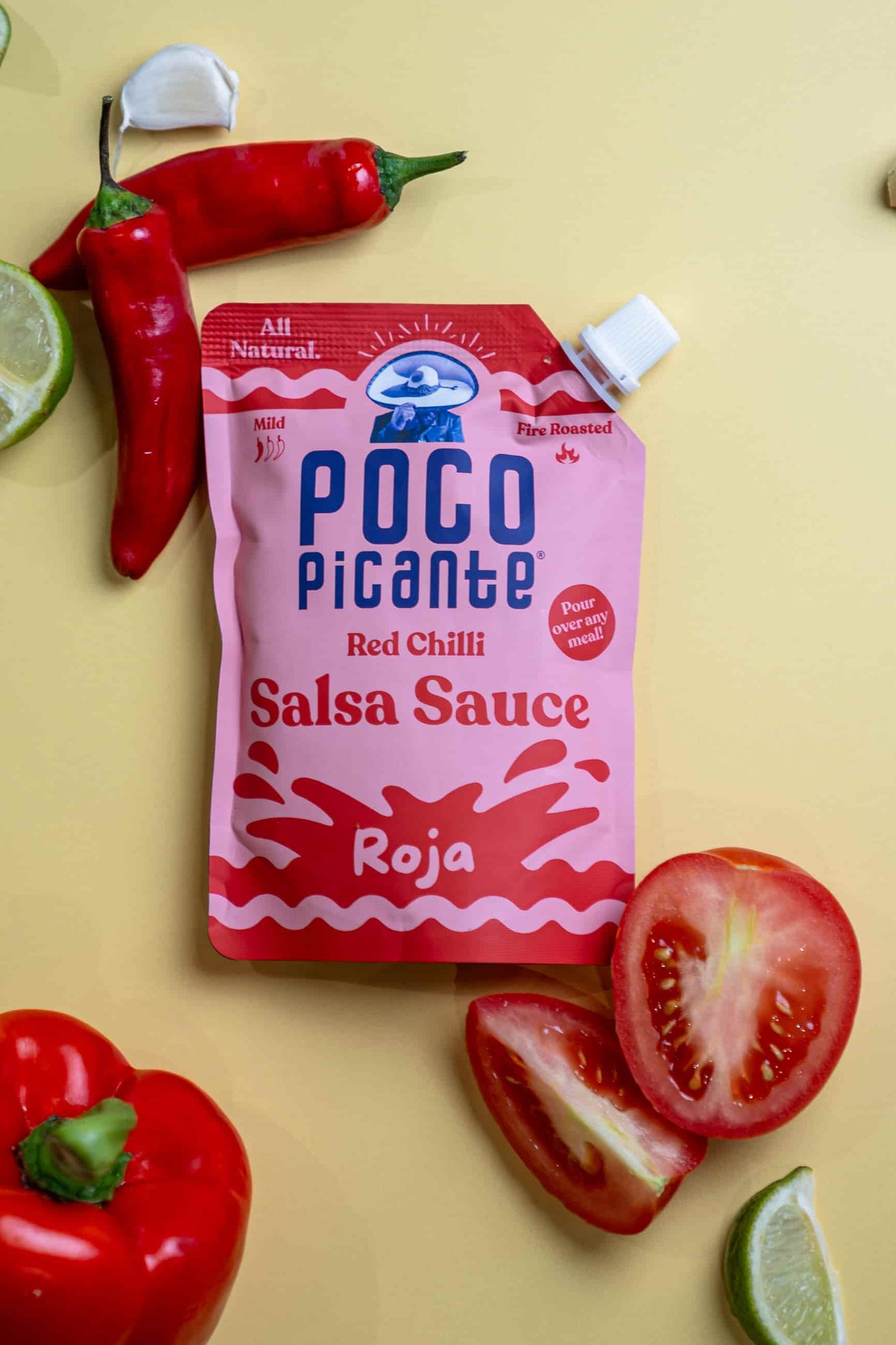 Poco Picante salsa roja sauce packet with red chili peppers, tomatoes, and lime with all natural ingredients. 