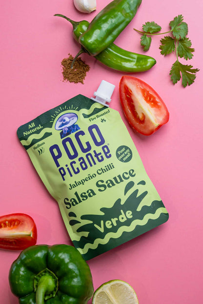 Poco Picante salsa verde sauce packet with green peppers, tomatoes, lime, Jalapeño chilli and cilantro with no added sugar.  