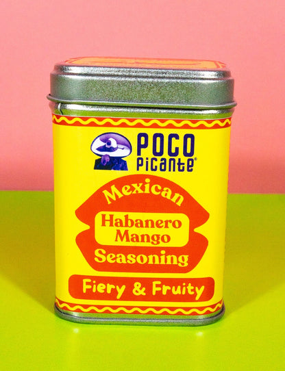Poco Picante Mexican Habanero Mango Seasoning can on a pink and green background