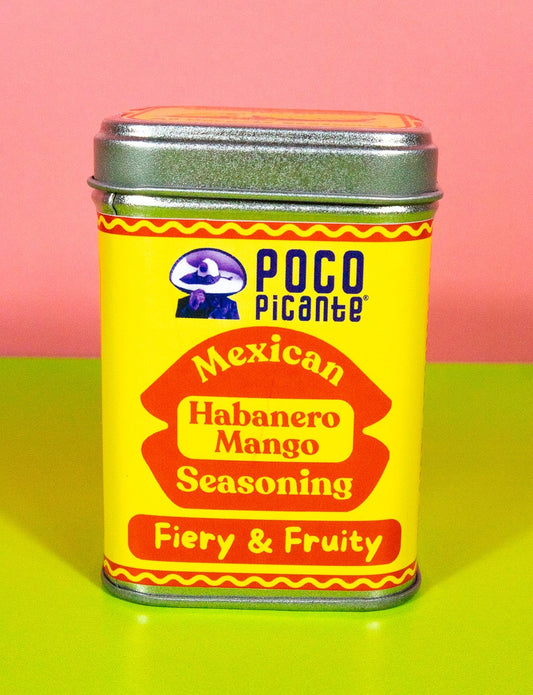 Poco Picante Mexican Habanero Mango Seasoning can on a pink and green background