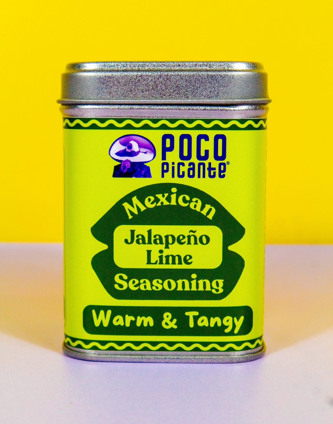 Can of Poco Picante Mexican Jalapeño Lime Seasoning on a yellow and white background