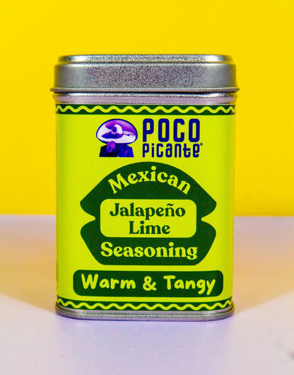 Can of Poco Picante Mexican Jalapeño Lime Seasoning on a yellow and white background