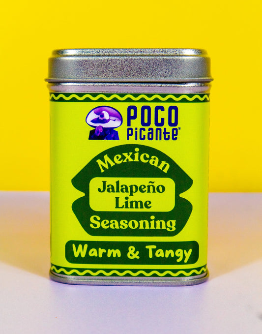 Can of Poco Picante Mexican Jalapeño Lime Seasoning on a yellow and white background